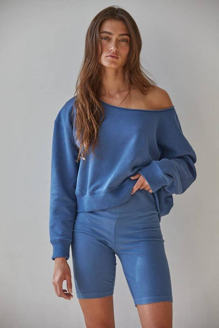By Together - Knit Cotton Polyester Garment Washed Pullover in Denim