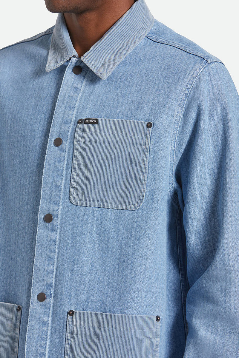 Brixton - Herringbone Lightweight Chore Coat in Light Wash Denim Herringbone