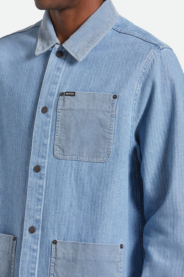 Brixton - Herringbone Lightweight Chore Coat in Light Wash Denim Herringbone