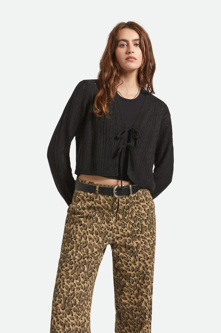 Brixton - Cropped Pointelle Tie Cardigan in Black