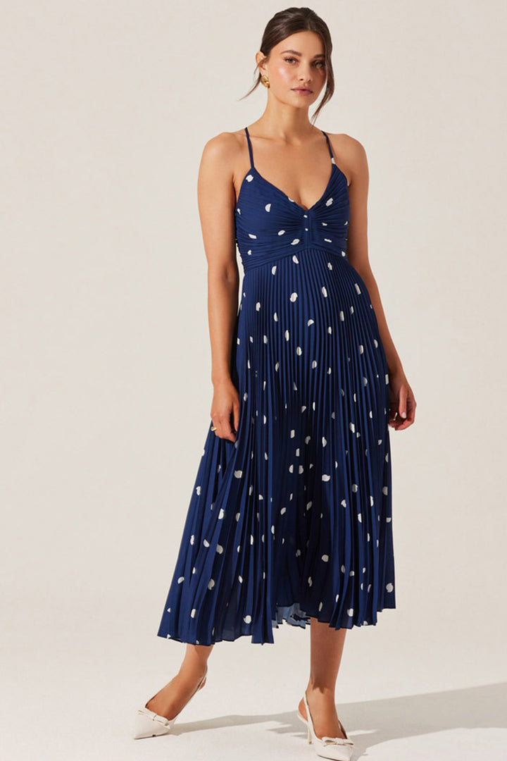 Astr - Blythe Plisse Midi Dress in Navy Polka Dot