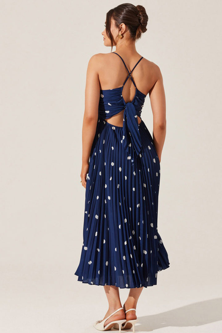 Astr - Blythe Plisse Midi Dress in Navy Polka Dot