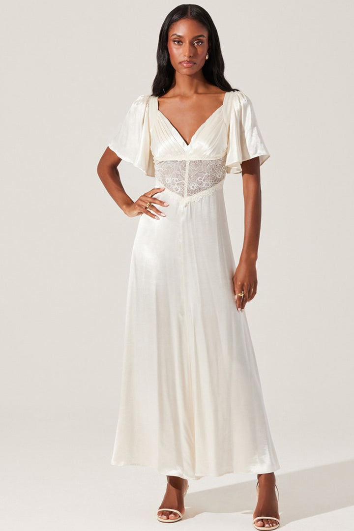 Astr - Aurelia Satin V-Neck Midi Dress in Ivory