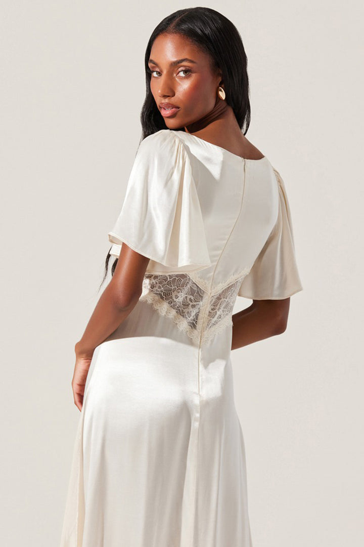 Astr - Aurelia Satin V-Neck Midi Dress in Ivory