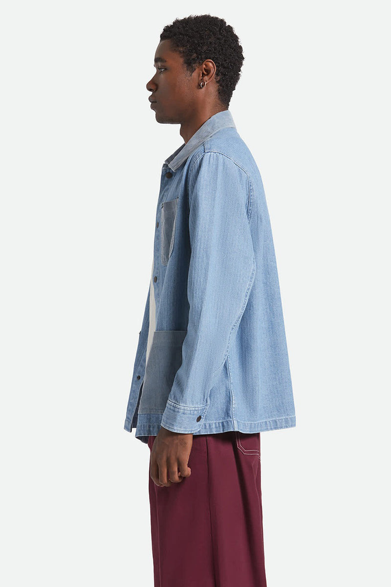 Brixton - Herringbone Lightweight Chore Coat in Light Wash Denim Herringbone