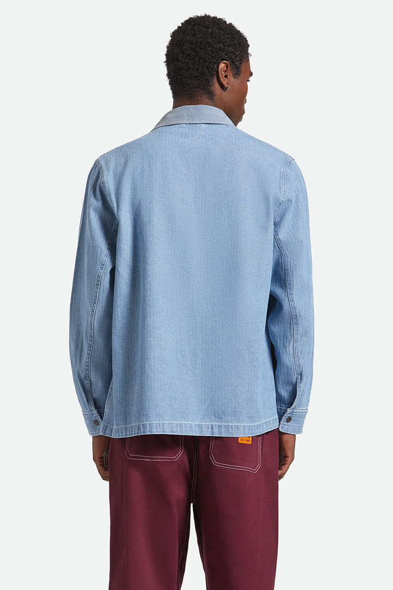Brixton - Herringbone Lightweight Chore Coat in Light Wash Denim Herringbone