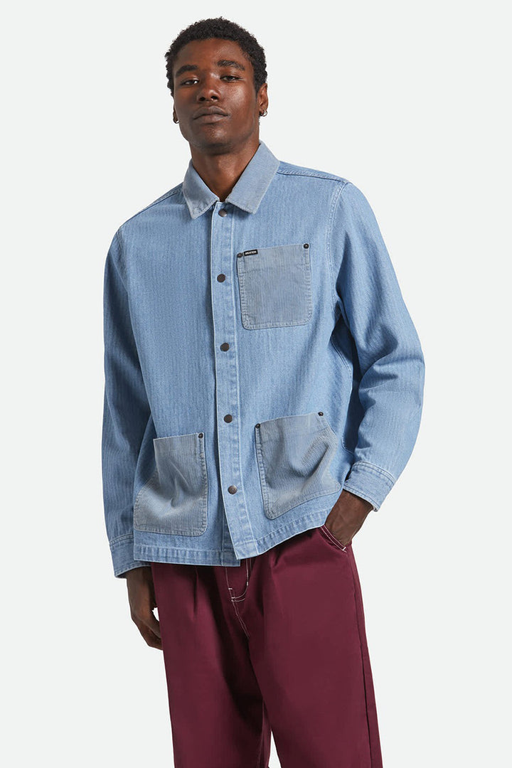 Brixton - Herringbone Lightweight Chore Coat in Light Wash Denim Herringbone